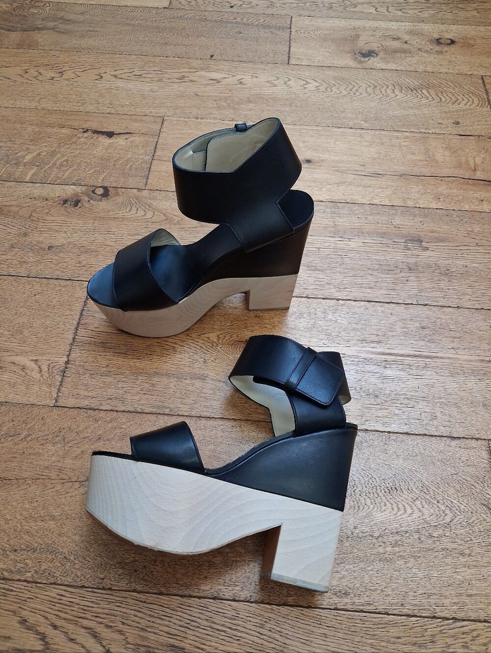 CELINE Strap Sandals Wood Black High Heel Two tone Italy Shoes Platform Size 8